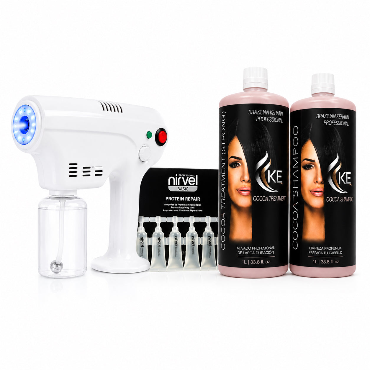 Pistola Pulverizadora + Proteinas Reparadoras + Kit Keratina Cocoa 1L